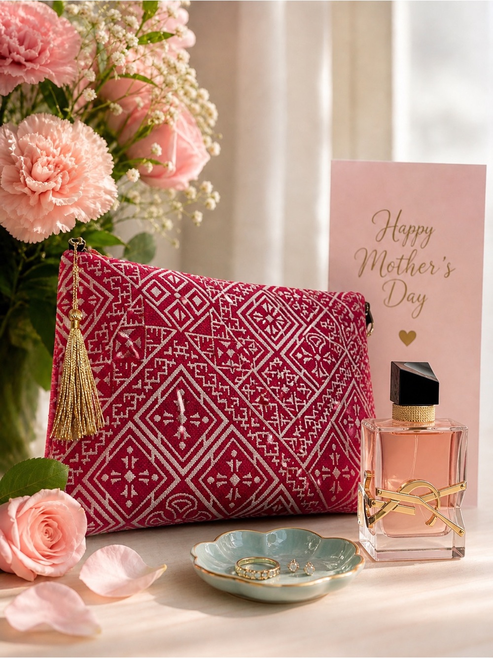 Stylish Pink Geometric Clutch with Gold Tassel